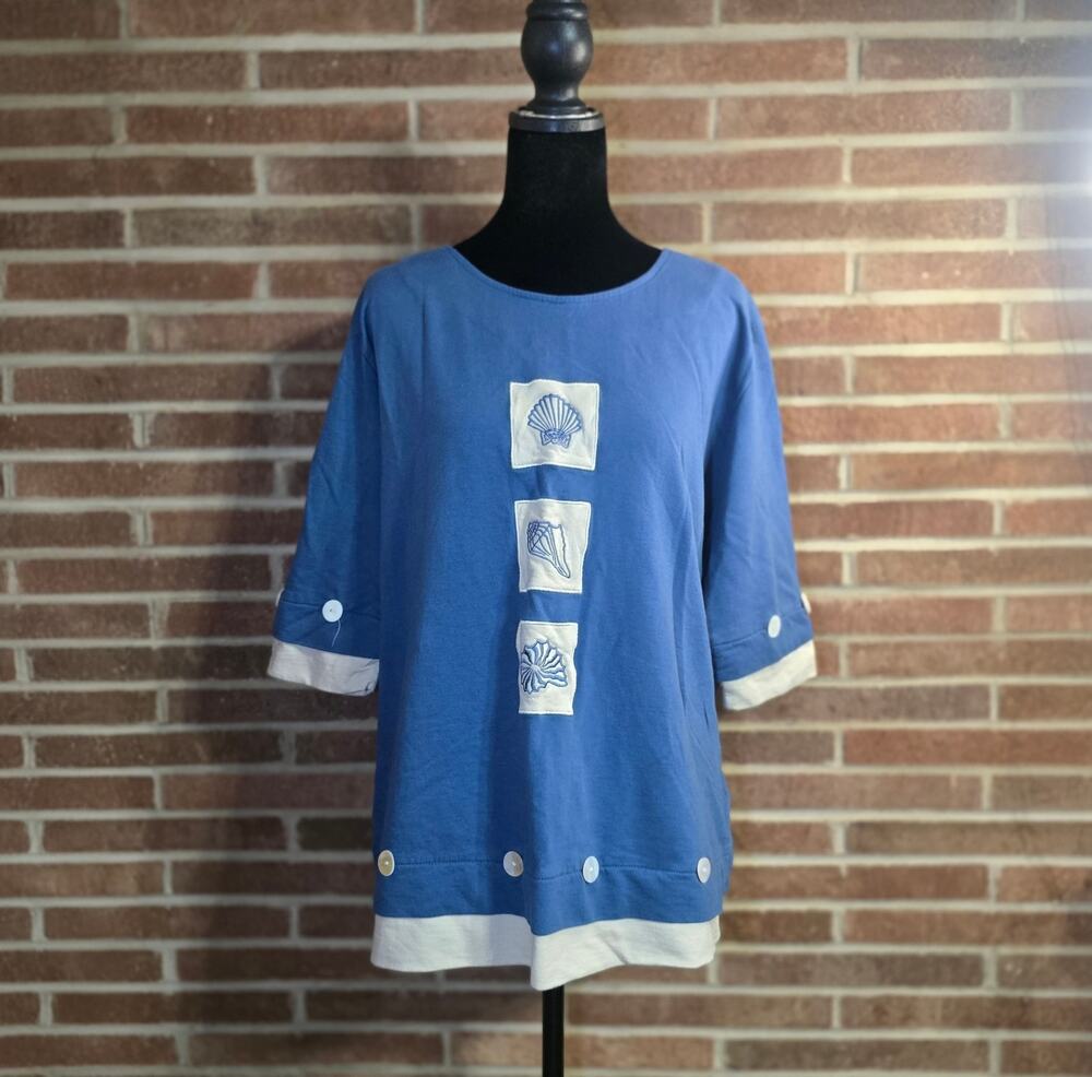 Industrie B. Nautical Blue Cotton Patchwork Seashell Tunic Top - Size 2X